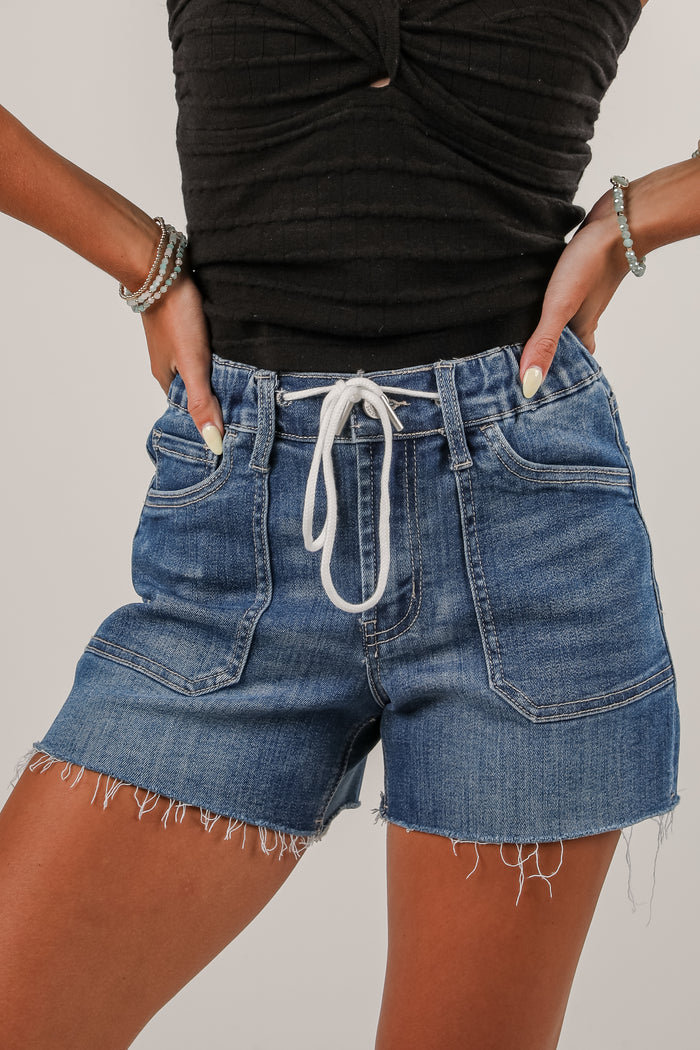 Aubrey Medium Wash High-Rise Drawstring Denim Shorts