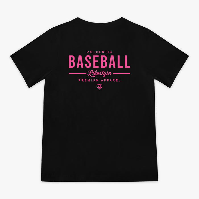 Black t-shirt with pink 'Baseball Lifestyle' logo in center