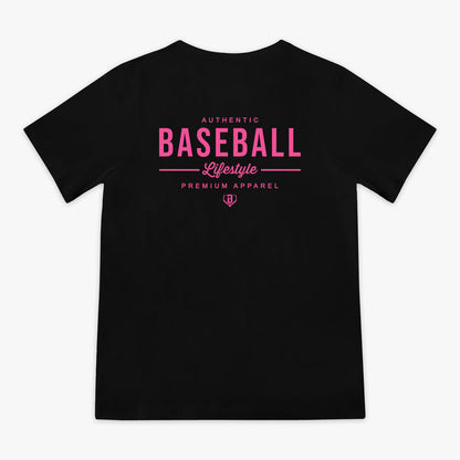 Black t-shirt with pink 'Baseball Lifestyle' logo in center