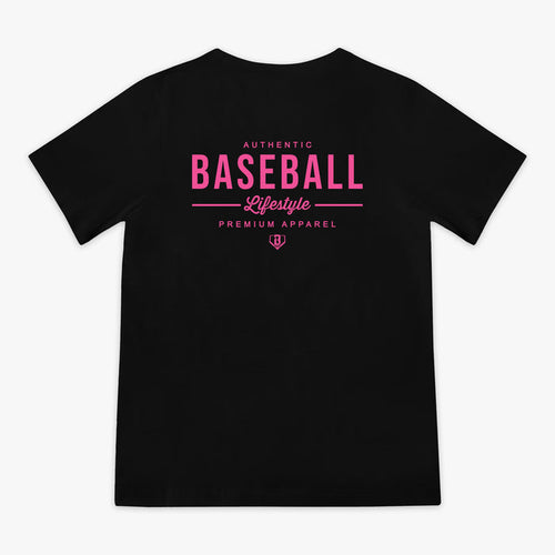 Black t-shirt with pink 'Baseball Lifestyle' logo in center