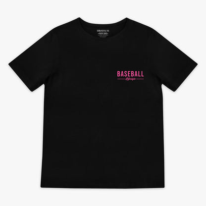 Black t-shirt with pink 'BASEBALL LIFESTYLE' text in top corner