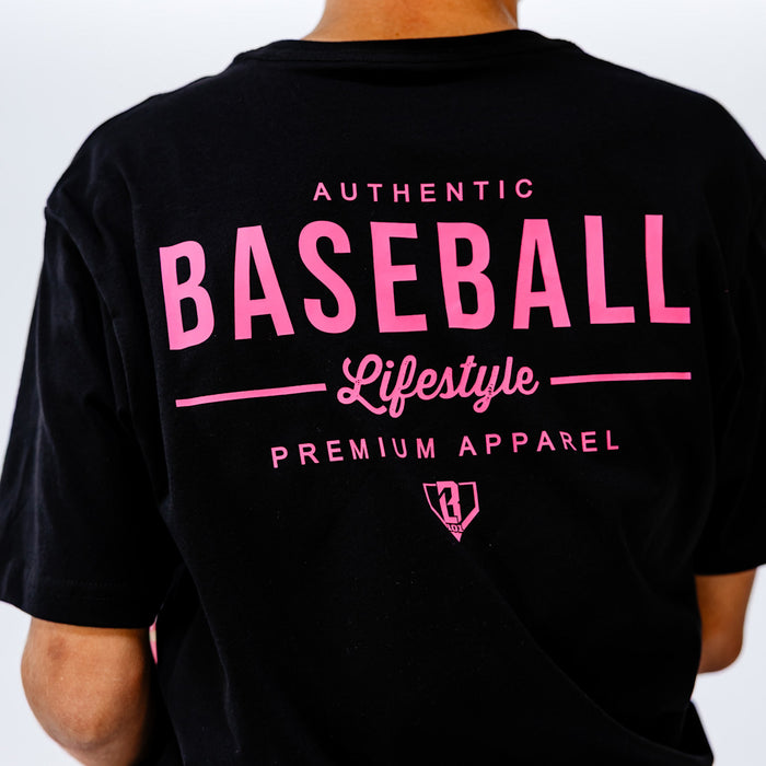 Black t-shirt with pink 'Baseball Lifestyle' text on the back