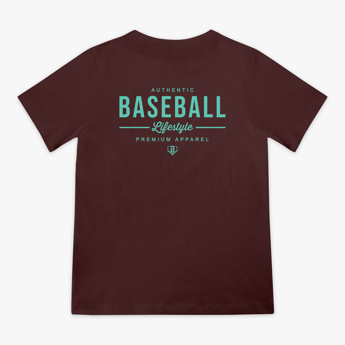Brown t-shirt with green 'Baseball Lifestyle' text on back