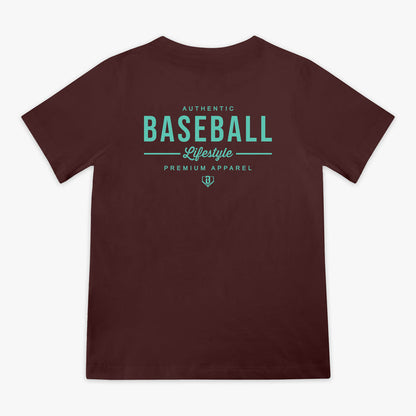 Brown t-shirt with green 'Baseball Lifestyle' text on back