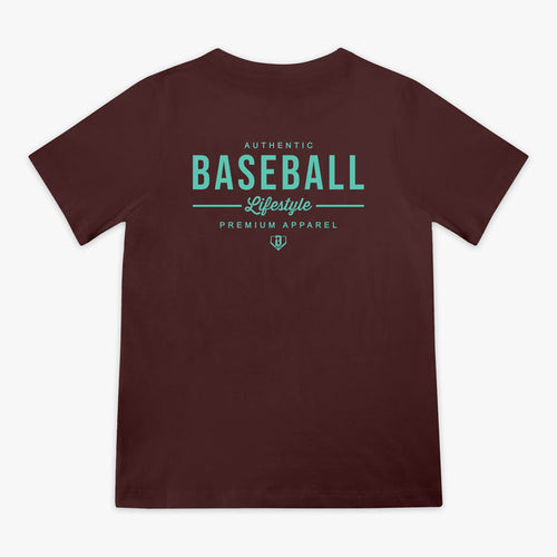 Brown t-shirt with green 'Baseball Lifestyle' text on back