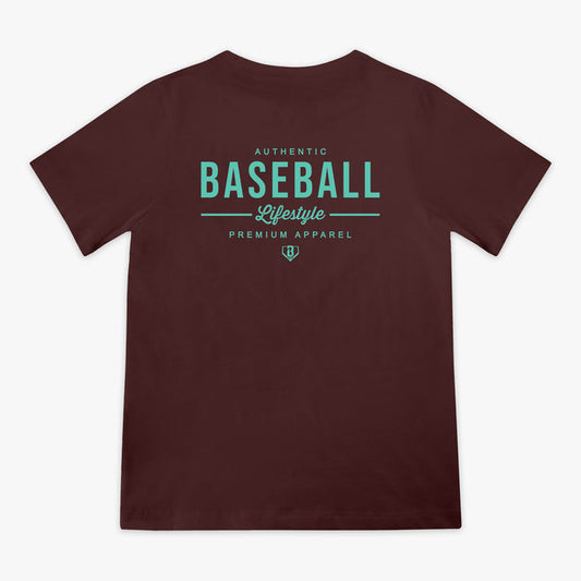 Brown t-shirt with green 'Baseball Lifestyle' text on back