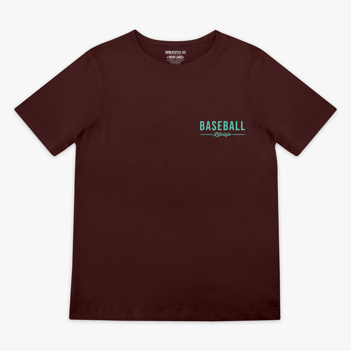 Brown t-shirt with green 'Baseball Lifestyle' text in top corner