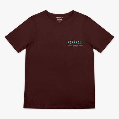 Brown t-shirt with green 'Baseball Lifestyle' text in top corner