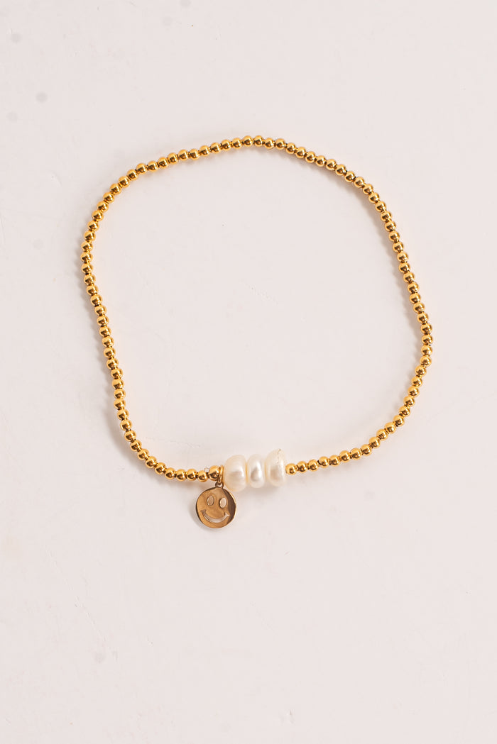 Ava Gold Beaded Pearl Smiley Face Charm Bracelet