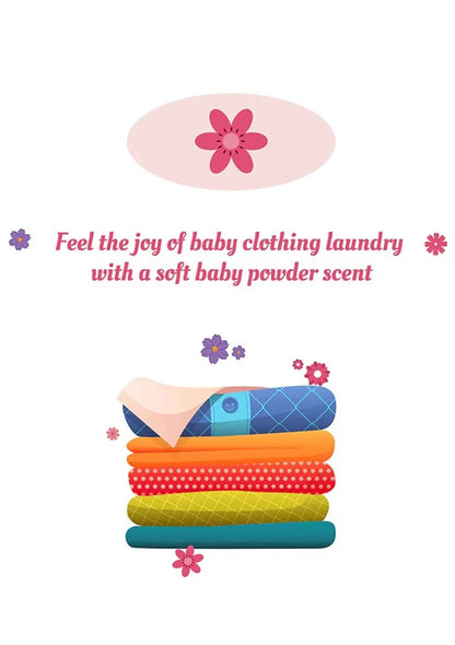Stack of colorful baby clothes with a soft baby powder scent text on a white background