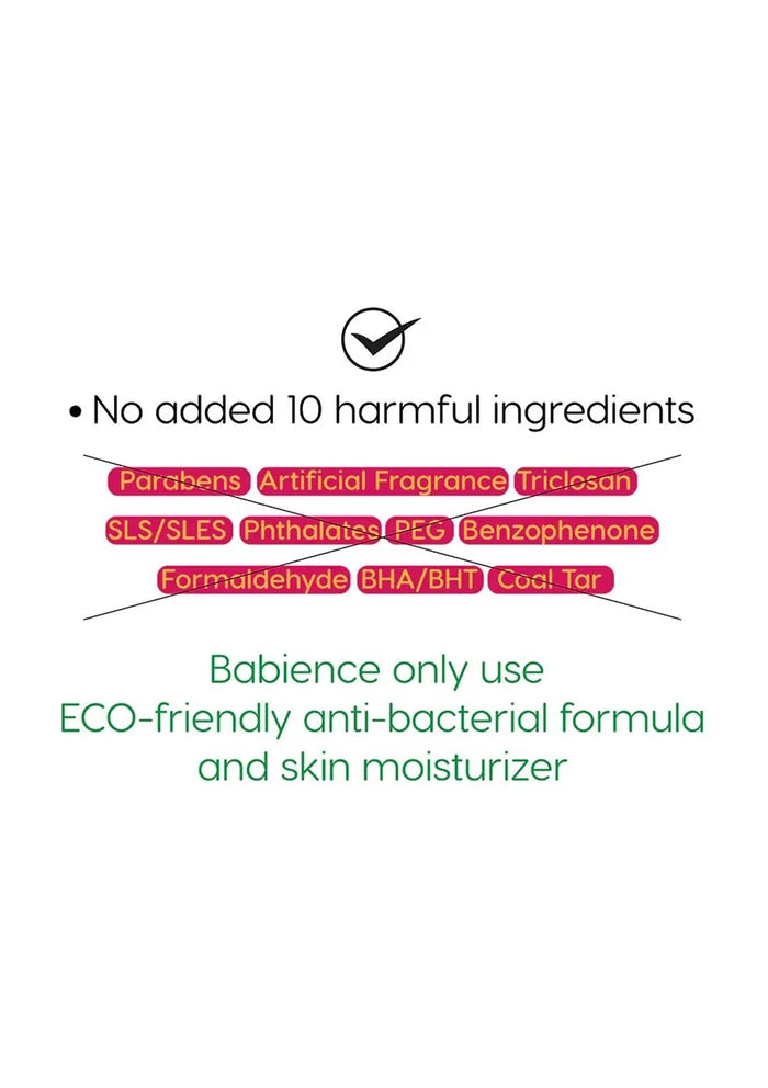 List of harmful ingredients and eco-friendly product features on a white background