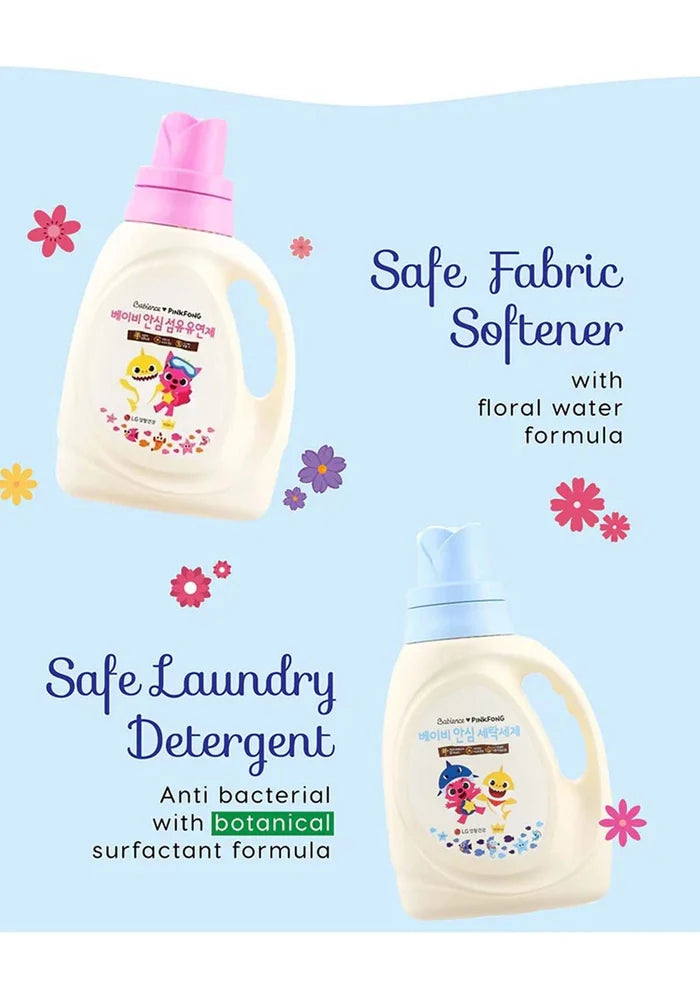 Two bottles of Safe Fabric Softener and Safe Laundry Detergent on a light blue background with floral decorations.