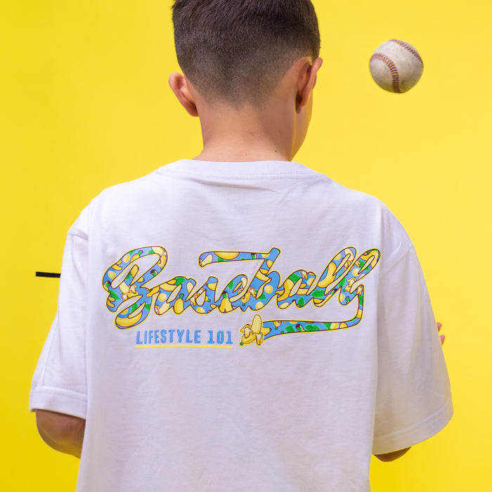 Adult model wearing white Banana Tropical graphic tee
