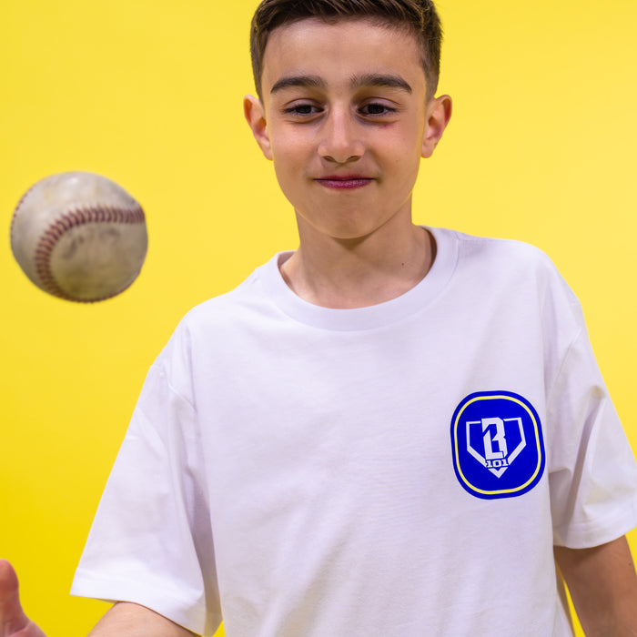 Adult model wearing white Banana Tropical graphic tee