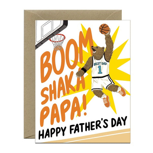 Father's Day greeting card with basketball, cartoon player, and boom text