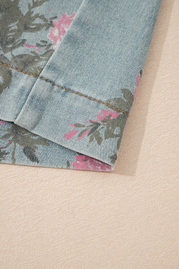 Beau Blue Floral Print Pleated High Waist Wide Leg Denim Jumpsuit