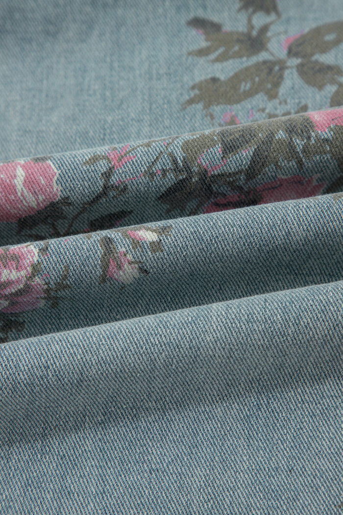 Beau Blue Floral Print Pleated High Waist Wide Leg Denim Jumpsuit