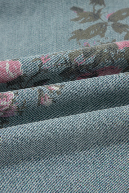Beau Blue Floral Print Pleated High Waist Wide Leg Denim Jumpsuit