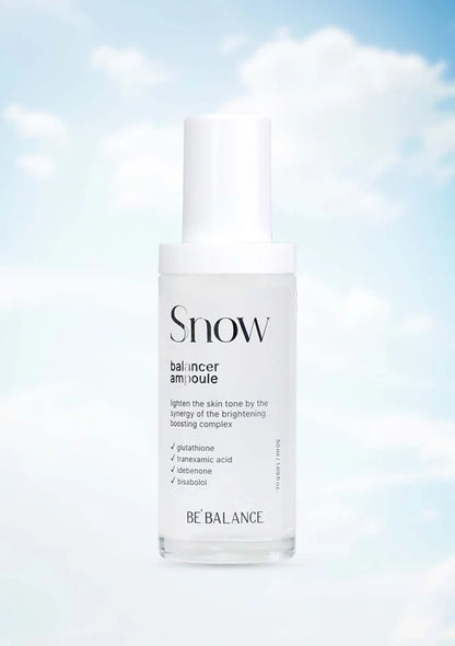 Skincare bottle labeled 'Snow' on a light blue gradient background