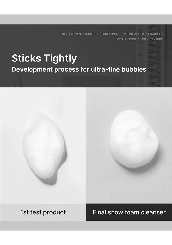 Comparison of a 1st test product and final snow foam cleanser with text on development process.