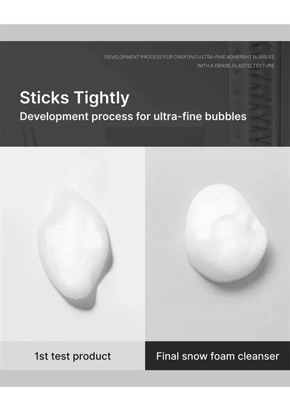 Comparison of a 1st test product and final snow foam cleanser with text on development process.