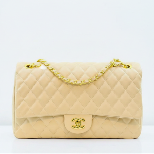 Beige Cream Double Flap Quilted Bag