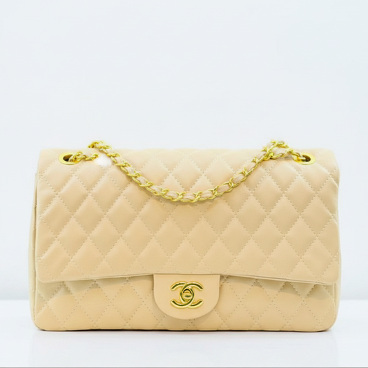 Beige Cream Double Flap Quilted Bag