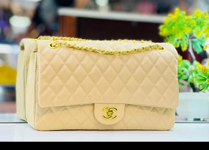 Beige Channel Big Size Double Flap Quilted Bag