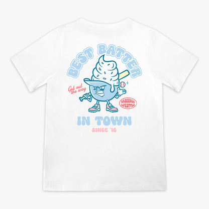 White youth graphic tee with “Best Batter” design — back view