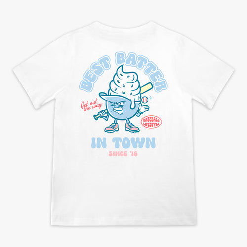 White youth graphic tee with “Best Batter” design — back view