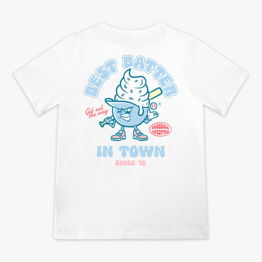White youth graphic tee with “Best Batter” design — back view