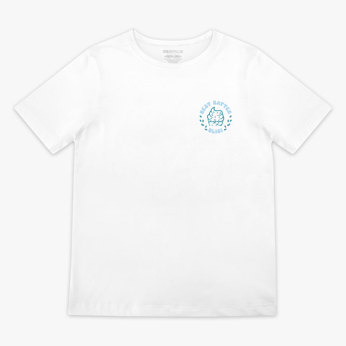 White youth graphic tee with “Best Batter” design — front view
