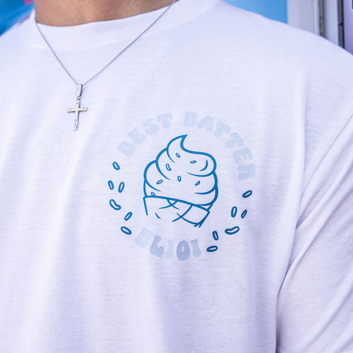 Youth model wearing white youth graphic tee with “Best Batter” design