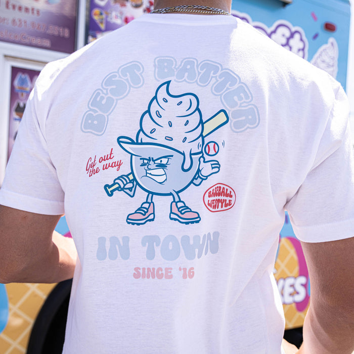 Youth model wearing white youth graphic tee with “Best Batter” design