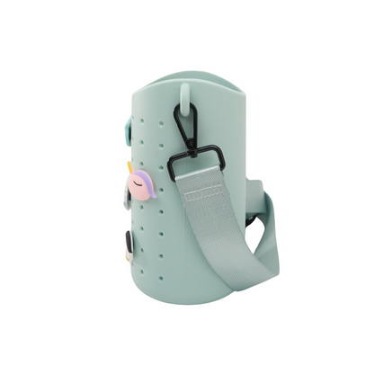 Koala-themed mint green sling bag side view with adjustable gray strap and clip