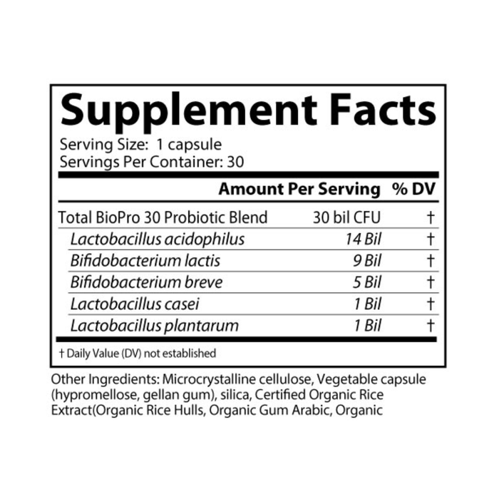 BioPro30 by DesBio contains a blend of 5 select probiotic strains in an acid-resistant capsule to support intact delivery to the intestinal tract