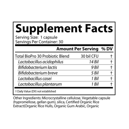 BioPro30 by DesBio contains a blend of 5 select probiotic strains in an acid-resistant capsule to support intact delivery to the intestinal tract