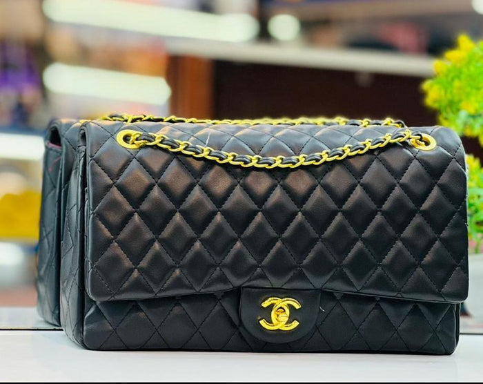 Black Channel Big Size Double Flap Quilted Bag