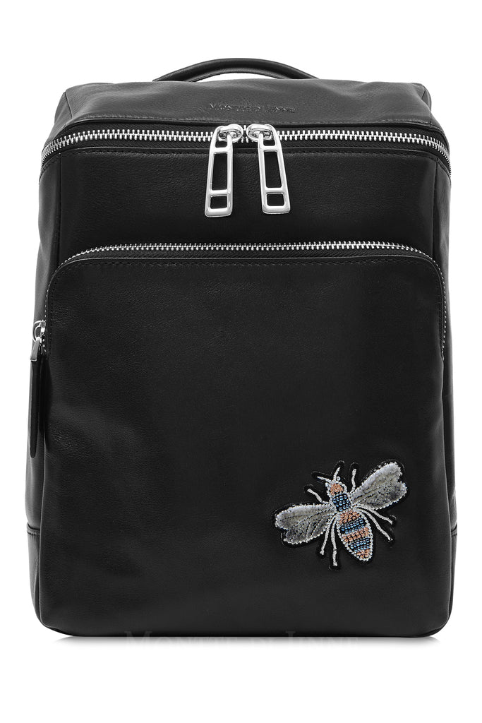 Black Premium Leather Backpack with Embroidered Bee Detail