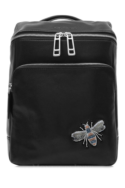 Black Premium Leather Backpack with Embroidered Bee Detail