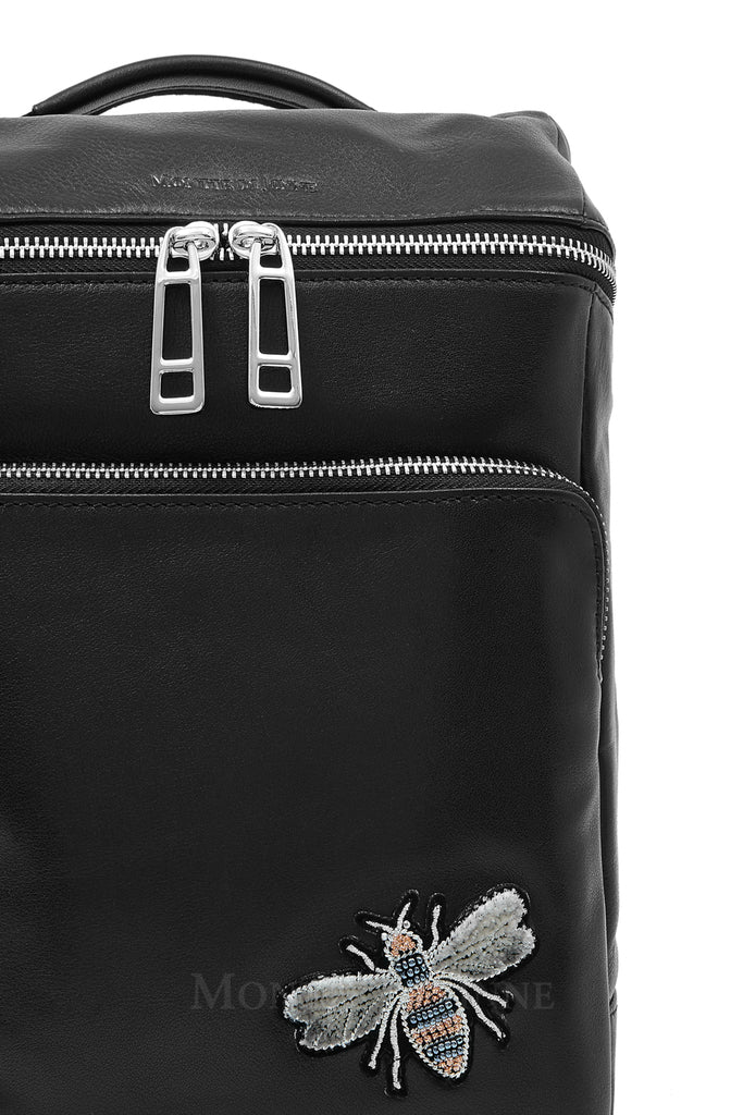 Black Premium Leather Backpack with Embroidered Bee Detail