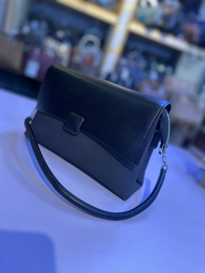 Black Soft Leather & Jean Crossbody Bag | Push Lock | Chain Detail | Women's Shoulder Bag