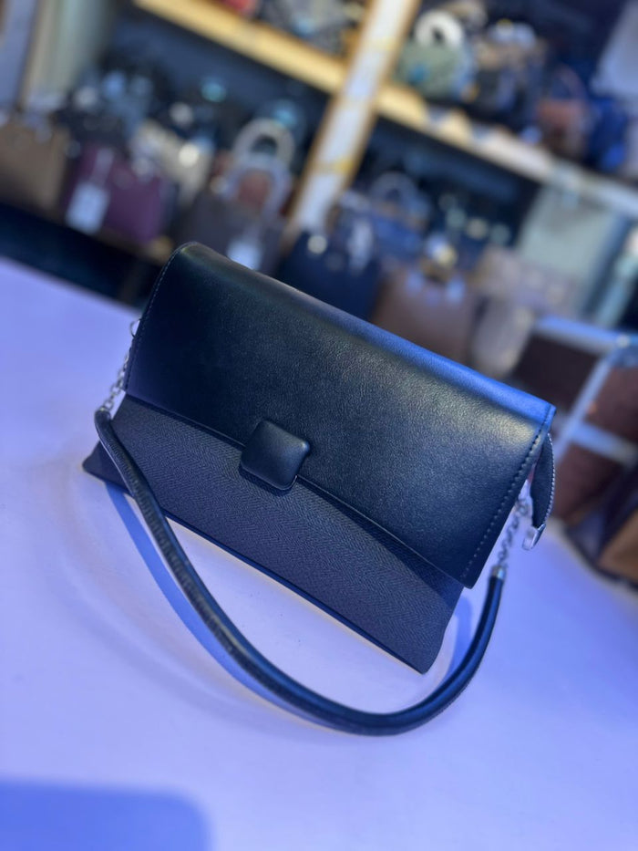 Black Soft Leather & Jean Crossbody Bag | Push Lock | Chain Detail | Women's Shoulder Bag