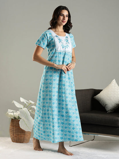 Blue Cotton Embroidered Nighty with Pocket and Lace Finish