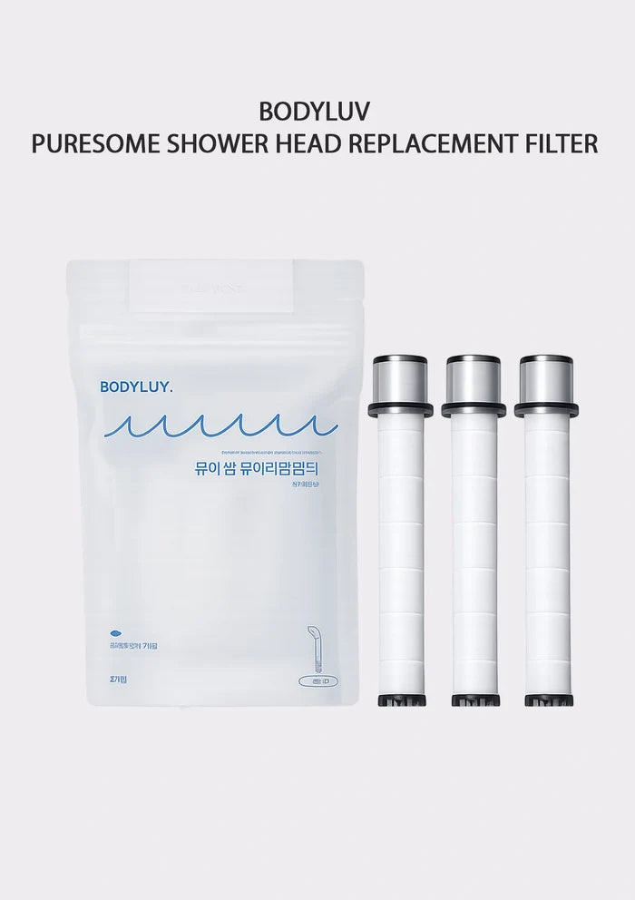 BODYULV Puresome Shower Head Replacement Filter set, featuring a white resealable pouch with blue branding and three white cylindrical filter cartridges with silver caps, on a light gray background.