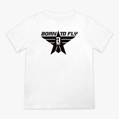 Youth white t-shirt with black “BORN TO FLY” lettering, black star, and white BL101 logo centered inside the star