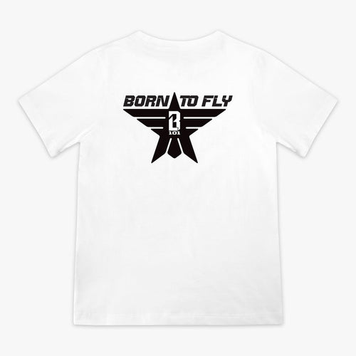 Youth white t-shirt with black “BORN TO FLY” lettering, black star, and white BL101 logo centered inside the star