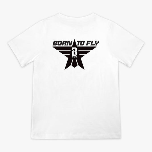 Youth white t-shirt with black “BORN TO FLY” lettering, black star, and white BL101 logo centered inside the star