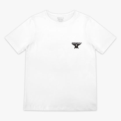 Youth white t-shirt with black “BORN TO FLY” lettering, black star, and white BL101 logo inside the star positioned on the top corner of the shirt