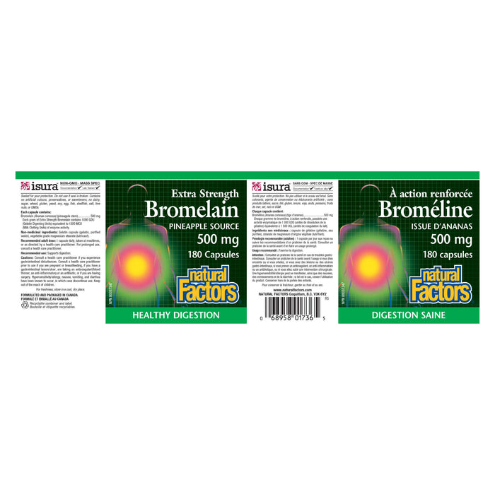 Natural Factors Bromelain Extra Strength - Pineapple  Source 500 mg 180 Vegetarian Capsules Label